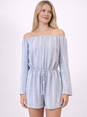 Rue 21 Light Blue Off Shoulder Romper | Long Sleeve Elastic Waist | Size S